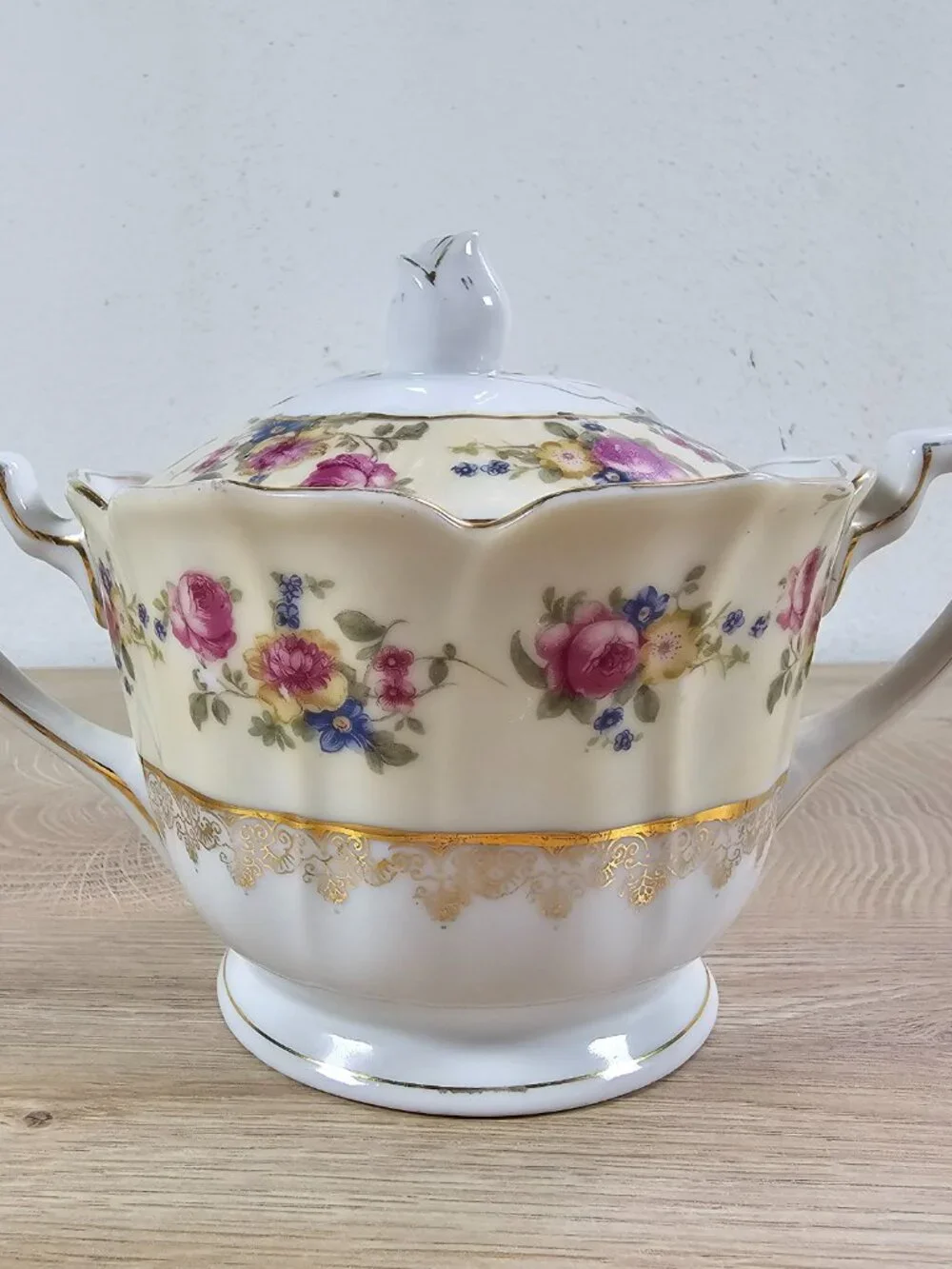Gold Castle Hostess Sugar Bowl with Lid and Saucer Plate Floral Vintage Japan